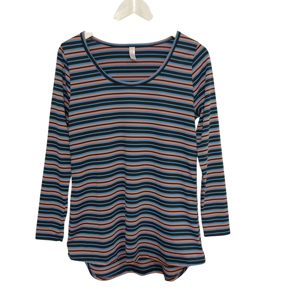 LuLaRoe Striped Long Sleeve Scoop Neck High Low Top Blue Pink Black Womens M